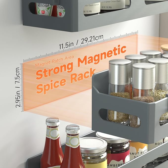 Sevenblue 4 Pack Strong Magnetic Spice Rack for Refrigerator, Multipurpose Magnetic Shelf for Fridge with 4 Hooks for kitchen and Bathroom Organization, Grey
