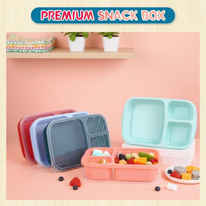 Honeydak 5 Pack Snack Containers 3 Compartment Bento Snack Boxes Divided Meal Prep Containers with Lids Reusable Adults Lunch Food Storage Box for School Work Travel (Red Blue Green)