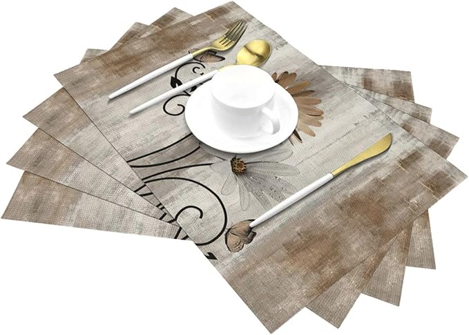 Floral Place mats Set of 4, 12x18 Inches Rustic Brown Daisy Flower Decorative Placemats Rectangle Floral Table Mats for Party Home Kitchen Dining Table Decoration