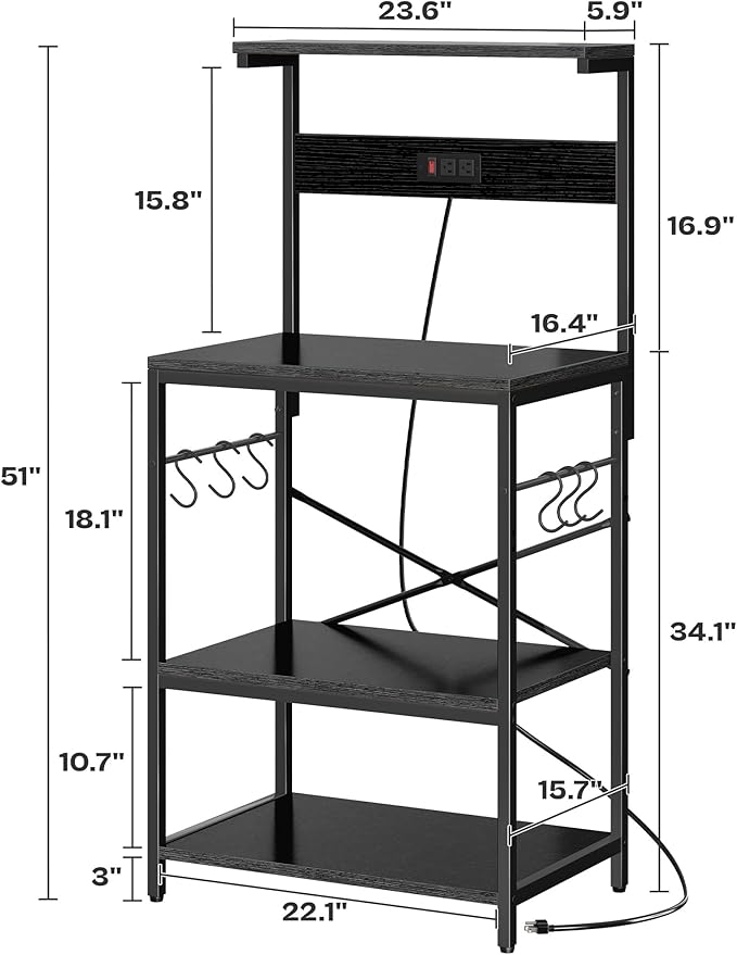 SUPERJARE Kitchen Bakers Rack with Power Outlet, Coffee Bar Table 4 Tiers, Kitchen Microwave Stand with 6 S-Shaped Hooks, Storage Shelf Rack for Spices, Pots and Pans - Black