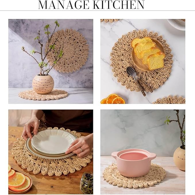 Laquedecraft 15" Set of 4 Round Corn Husk Placemats | Boho Woven Rattan Table Mats | Farmhouse Wicker Spring Plate Chargers Like Water Hyacinth, Seagrass for Wedding, Party, Christmas, Events