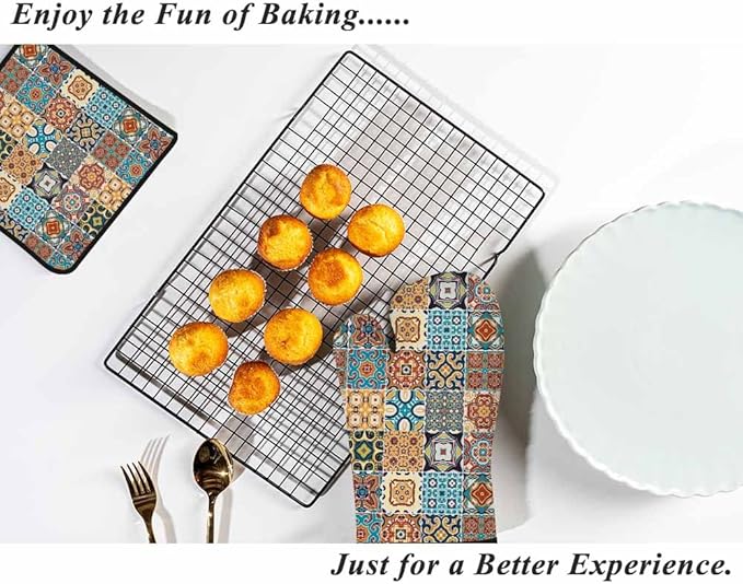 Retro Plaid Oven Mitts and Pot Holders Sets Traditional Ornate Portuguese Style Heat Resistant 3pcs for Cooking Baking BBQ
