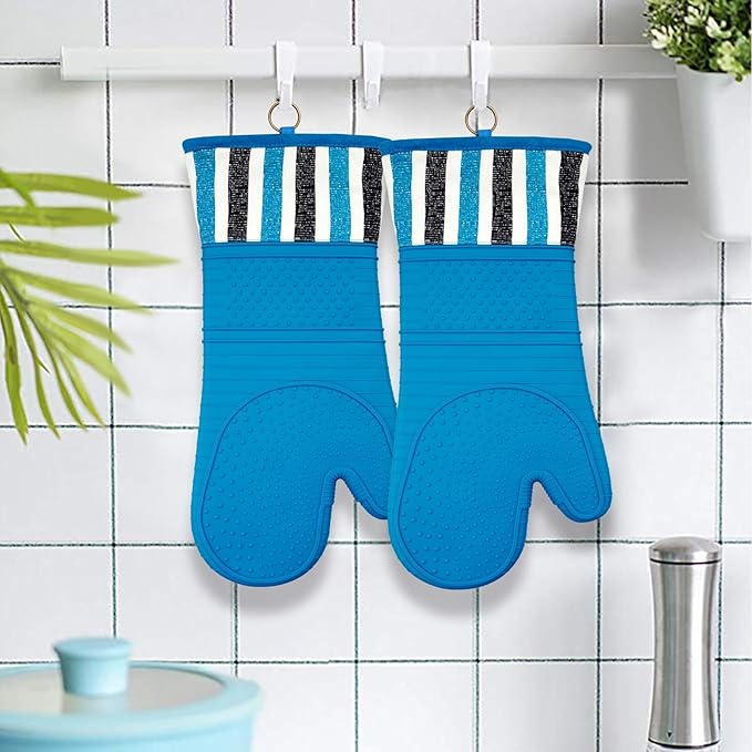 RED LMLDETA Heat Resistant 550 Degree Oven mitt, Silicone Oven Hot Mitts - 1 Pair, Extra Long Professional Baking Oven Gloves - Food Safe,Pot Holders Cooking,Grilling,Kitchen (Navy)