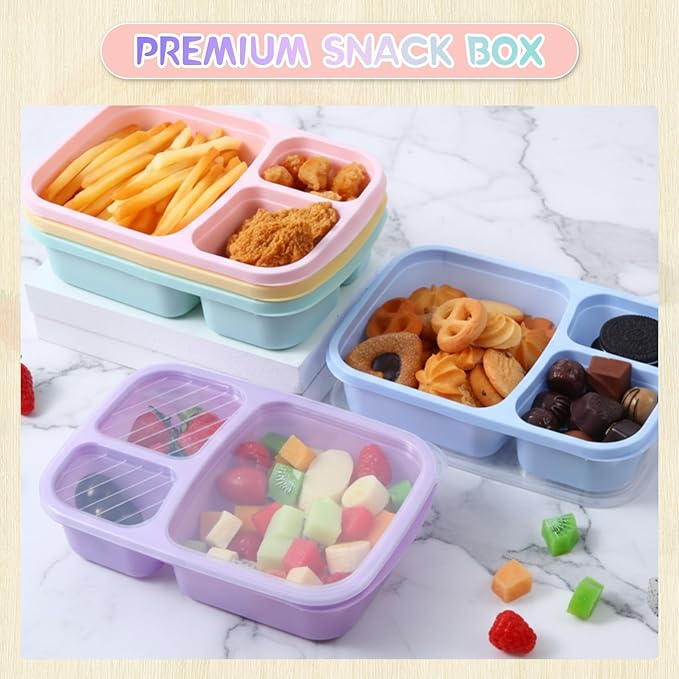Honeydak 5 Pack Snack Containers 3 Compartment Bento Snack Boxes Divided Meal Prep Containers with Lids Reusable Adults Lunch Food Storage Box for School Work Travel(Ice Cream Color)
