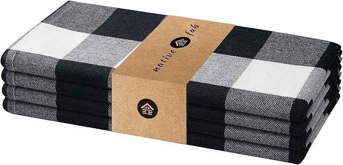 Native Fab Black Buffalo Check Cloth Napkins, 16"x16", Set of 4, Plaid Checkered Pattern, 100% Cotton, Soft, Absorbent, Reusable Table Napkins for Dinner, Lunch, Wedding, Party - Black and White