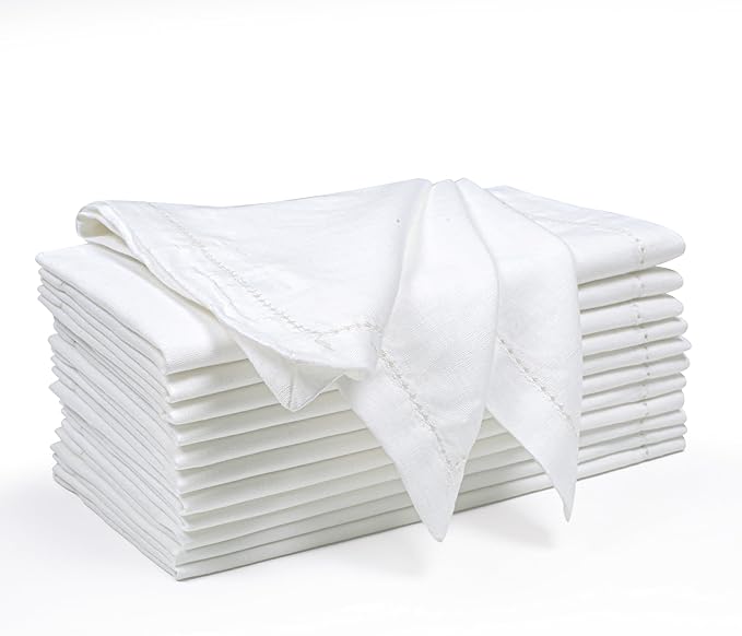 Flax Hemstitchend Cloth Dinner Napkin Set of 12 White 20x20 Inches, Premium Cotton Linen Absorbent Dinning Table Napkins Ideal for Wedding, Spring, Easter | Washable Durable Napkins for Everyday Use