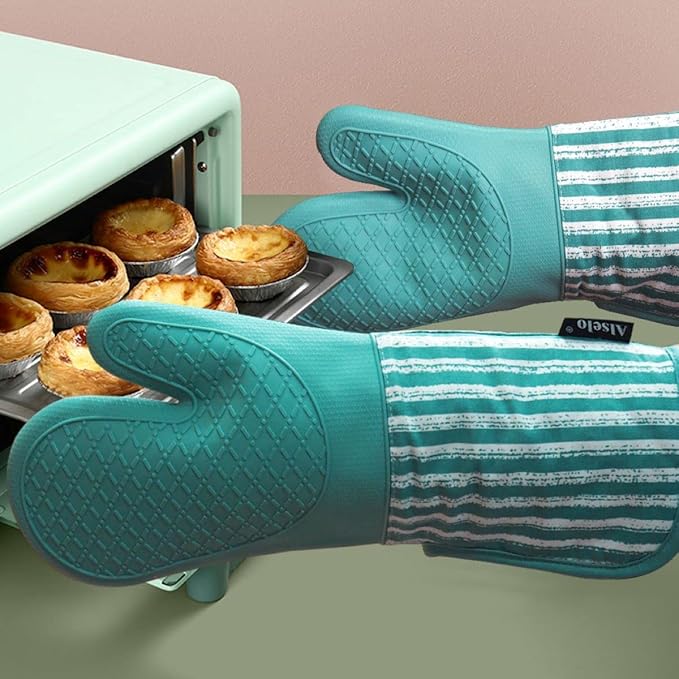 Alselo Silicone Oven Mitts Heat Resistant 932℉ with Waterproof & Non-Slip Kitchen Mittens, Set of 2 Extra Long Oven Gloves with Soft Cotton Terry Lining for Baking Cooking Barbecue