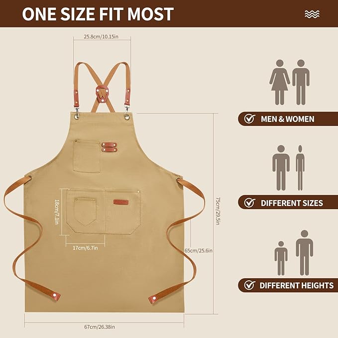 Chef Aprons for Men Women with 4 Large Pockets, Cotton Canvas Cross Back Adjustable Apron for Work grilling kitchen gardening