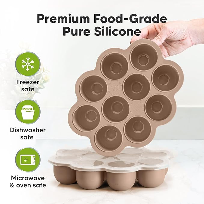 KeaBabies Silicone Food Freezer Trays with Lid, 2oz x 10 Pods Baby Food Storage Containers, Easy Puree Meal Prep, Breast Milk Silicone Freezer Molds, Dishwasher, Microwave Safe, BPA-Free (Chai Latte)