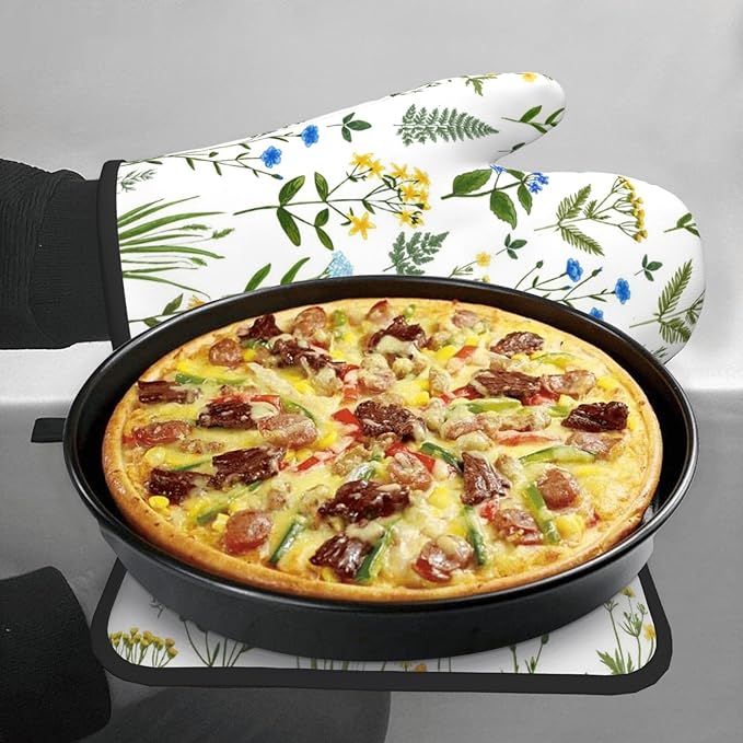 Blue Yellow Green Floral Oven Mitts & Pot Holders Sets of 3, Heat Resistant Sky Blue Teal White Flowers Kitchen Gloves and Hot Pads for Cooking Baking Grilling, Baking Gifts for Women, Kitchen Decor