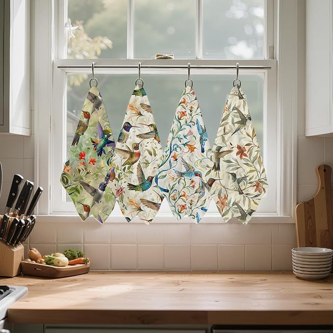 4 Pcs Vintage Hummingbird Kitchen Towels, Artistic Decorative Absorbent Microfiber Dish Cloth Tea Towel, Floral Waffle Hand Towels for Farmhouse Home Bathroom, Bird Lover Gifts