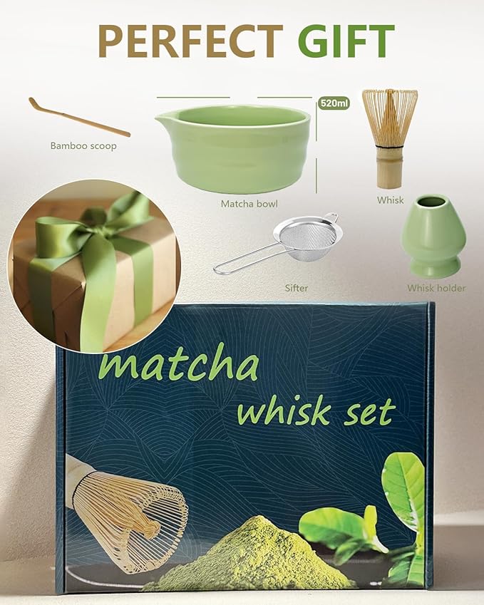 Taruzil Matcha Whisk Set with Matcha Bowl, Matcha Bamboo Whisk, Scoop, Sifter, Matcha Kit Holder Unique Gifts for Women Men Girl Friend Home Kitchen Decor Gifts for Christmas, Birthday（Light Green）