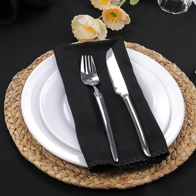 Cloth Napkins Set of 12 - Polyester Dinner Napkins Reusable & Washable - Perfect for Weddings & Holidays (Black)