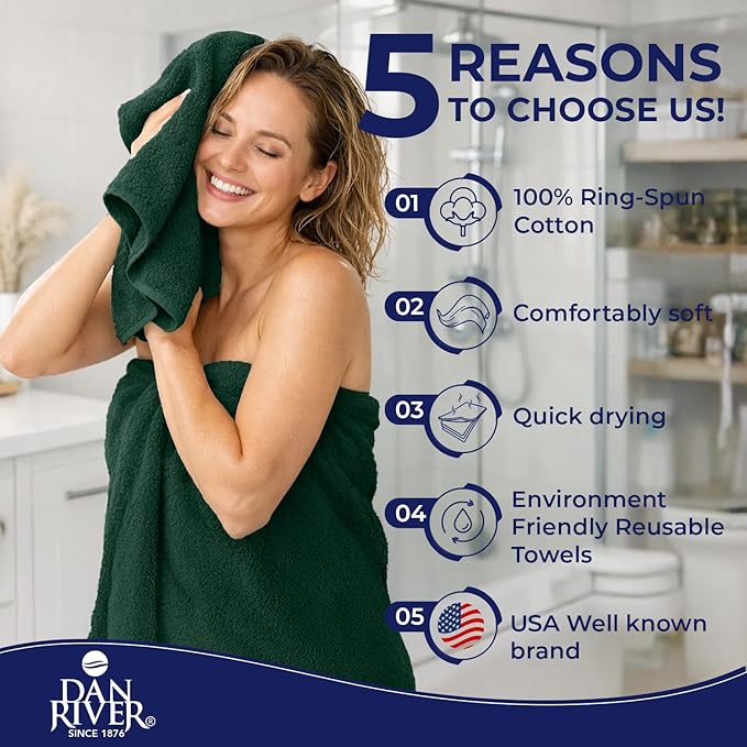 DAN RIVER 8 PC Luxury Bath Towels for Bathroom, 2 Bath, 2 Hand, and 4 Wash Cloths, 600 GSM 100% Ring Spun Cotton Towel Set, Highly Absorbent, Gym, Hotel, and Spa, Hunter Green