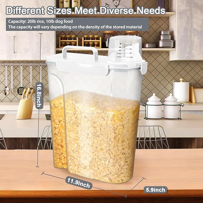 Komzon Rice Storage Containers, Airtight Cereal Containers Storage, with Pouring Spout Portable Handle for Flour, Pasta, Grain and Baking, Pet Dog Cat Bird Food Container 20lb White