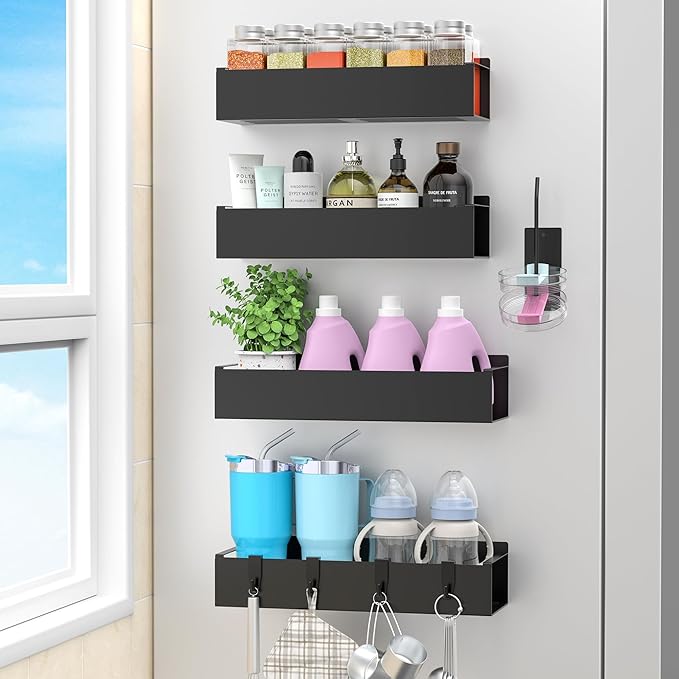 HuggieGems Metal Magnetic Water Bottle Holder for Refrigerator, Cup Holder Organizer for Stanley and Tumbler for Kitchen, 4 Pack, Jet Black