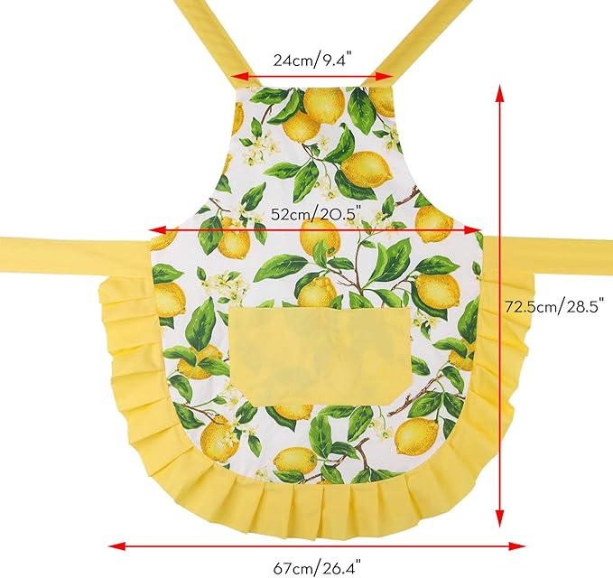 G2PLUS Thick Lemon Cotton Apron, Kitchen Apron for Women, Adjustable Cooking Apron with Pocket for Baking, Garden, Christmas