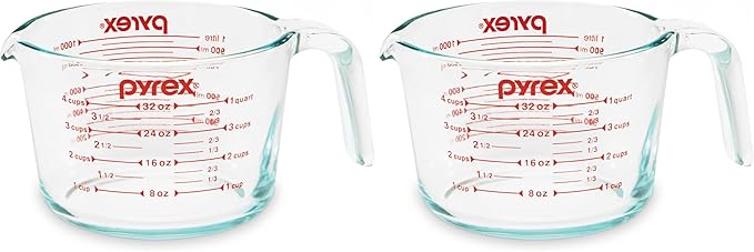 Pyrex 4-Cup Glass Measuring Cup For Baking and Cooking, Dishwasher, Freezer, Microwave, and Preheated Oven Safe, Essential Kitchen Tools (Pack of 2)