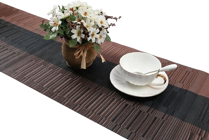 SHACOS Table Runners Woven Vinyl PVC Table Runner 12 x 36 inch Wipe Clean Bamboo Weave Countertop Table Decor Mats Indoor Outdoor, Ombre Coffee Black
