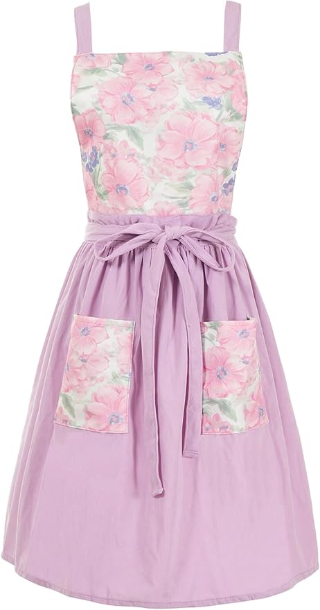 Pinknoke Vintage Pinafore Apron Dress for Women with Pockets Cute Floral Chef Aprons for Kitchen Cooking Baking Gardening