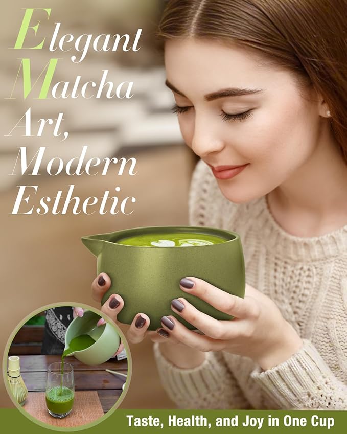 20OZ Matcha Whisk Set - 5PCS Japanese Tea Set Includes Matcha Bowl with Spout, Bamboo Whisk with Ceramic Holder, Bamboo Scoop and Sifter, Matcha Kit for Ceremony, Gift for Matcha Lovers (Matcha Green)