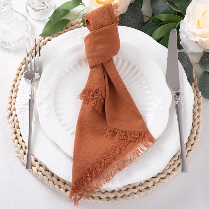 DeZerlor 12 Pack Terracotta Cotton Linen Napkins with Fringe Spring Cloth Napkins Set of 12 Boho Handmade Dinner Napkins Bulk for Wedding Bridal Baby Shower Parties, 17 x 17 Inches
