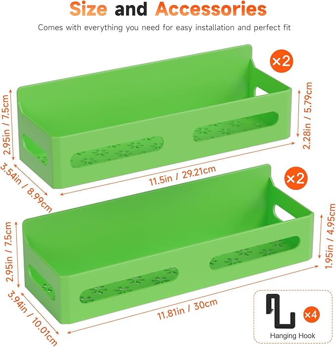 Sevenblue 4 Pack Strong Magnetic Spice Rack for Refrigerator, Multipurpose Magnetic Shelf for Fridge with 4 Hooks for kitchen and Bathroom Organization, Green