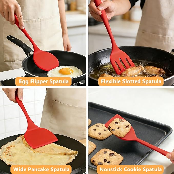 Pancake Silicone Spatula Set, Flexible Turner Spatulas for Flipping, BPA Free, Non Stick and Non Scratch Great for Egg, Fish, Burgers, Dishwasher Safe (4 Pack, Red)