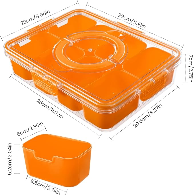 Dingerjar Divided Serving Tray with Lid and Handle - Snackle Box Charcuterie Container for Portable Snack Platters Organizer for Candy, Fruits, Nuts, Snacks - Perfect for Party, Entertaining, Orange