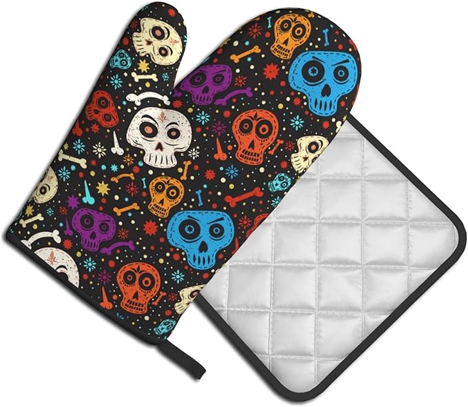 Skull and Floral Oven Mitts and Pot Holders Heat Resistant Oven Mitts Safe for Baking Cooking BBQ