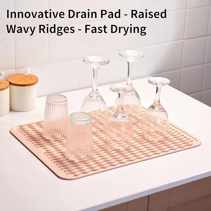 ZLR Silicone Dish Drying Mat & Heat Resistant Trivet (12" x 16") - Waterproof Counter Protector for Air Fryer, Coffee Maker - Non-Slip, BPA Free Kitchen Pad, Easy Clean Dishwasher Safe (Peach Pink)