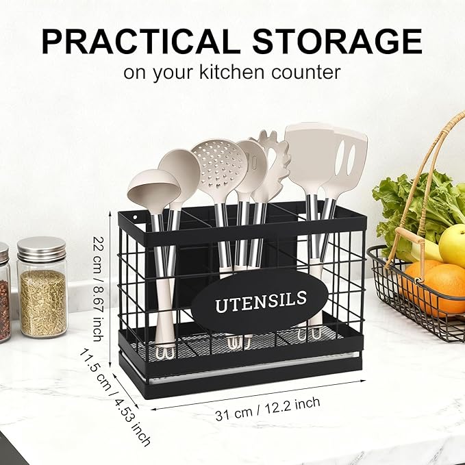 Magnetic Utensil Holder for Fridge Large Silverware Organizer Kitchen Utensil Organizer with Draining Kitchen Counter Sturdy Black Metal Cooking Caddy Storage for Silicone Spatula Fork Spoon