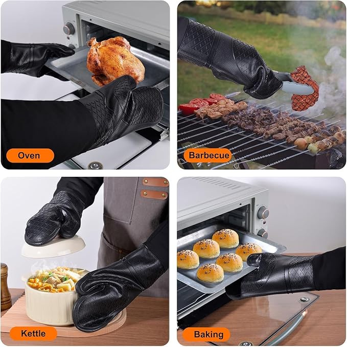 Linwnil Extra Long Silicone Oven Mitts Heavy Duty Commercial Grade Oven Mitts Heat Resistant BBQ Gloves with Quilted Cotton Lining 2 Pack (Black)
