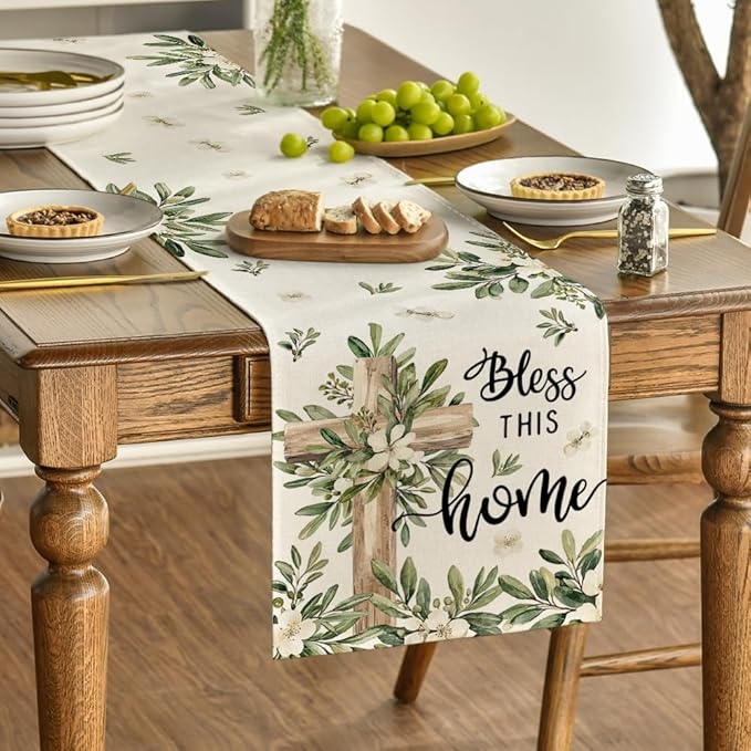 Artoid Mode Cross Olive Leaves Spring Table Runner,Seasonal Summer Easter Kitchen Dining Table Decoration for Home Party Decor 13x48 Inch