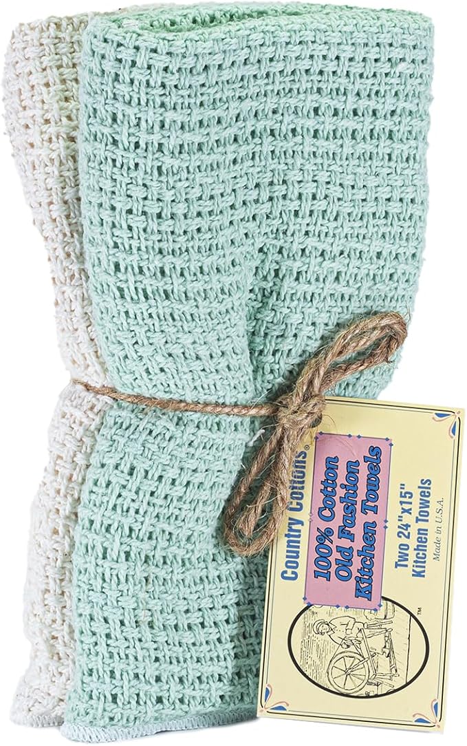 Old Fashion 100% Cotton Kitchen Towels - Set of 2-24"x15" (Mint Green/Natural)