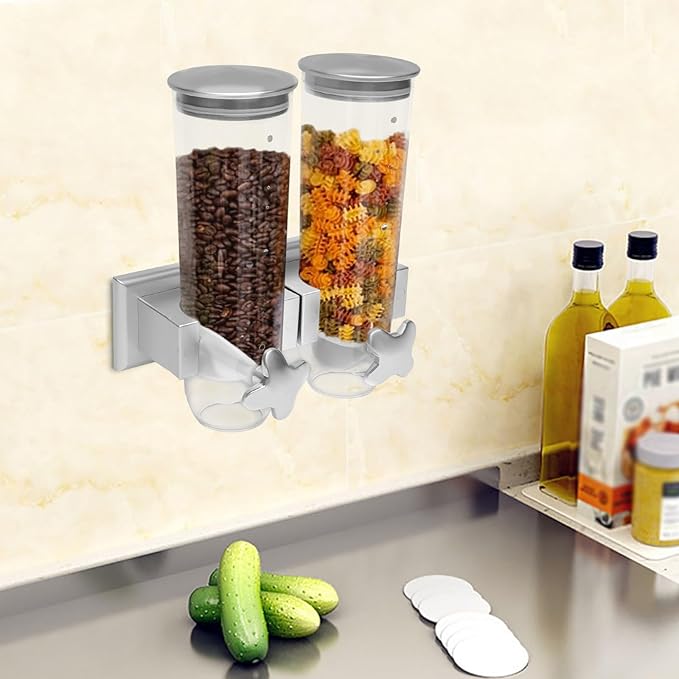 2 Pack Cereal Dispensers,Wall Mounted Dry Food Dispenser,Large Capacity Candy Dispenser,Grain Storage Dispenser,Rice Dispenser w/Cup for Kitchen Storage Oatmeal Snack Coffee Beans Nuts 3L (Silver)