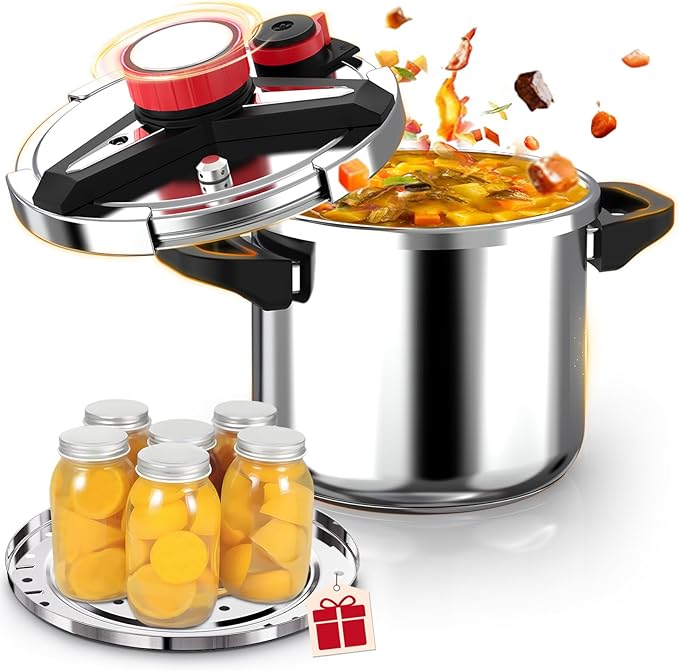 18/8 Stainless Steel Pressure Cooker 32 QT: [Explosion-Proof] [One-Hand Locking] Stainless Steel Pressure Canner, Induction Compatible, Steamer Rack Included, Olla de Presion