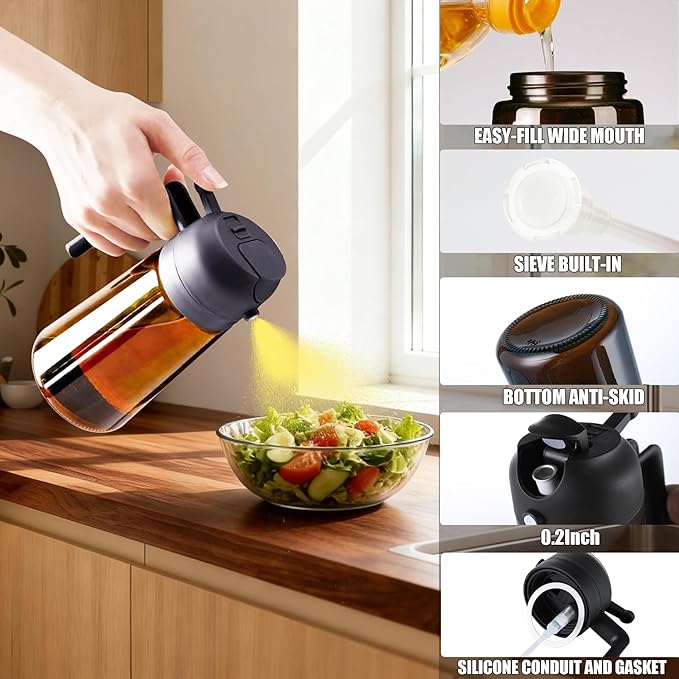 OURCABECUE 2 in 1 Olive Oil Sprayer for Cooking, 16oz Olive Oil Dispenser Bottle for Kitchen, Light-Blocking Dark Glass Oil Bottle, Food-Grade Oil Mister with 8 Oil Stickers (Amber Bottle-Black Cap)