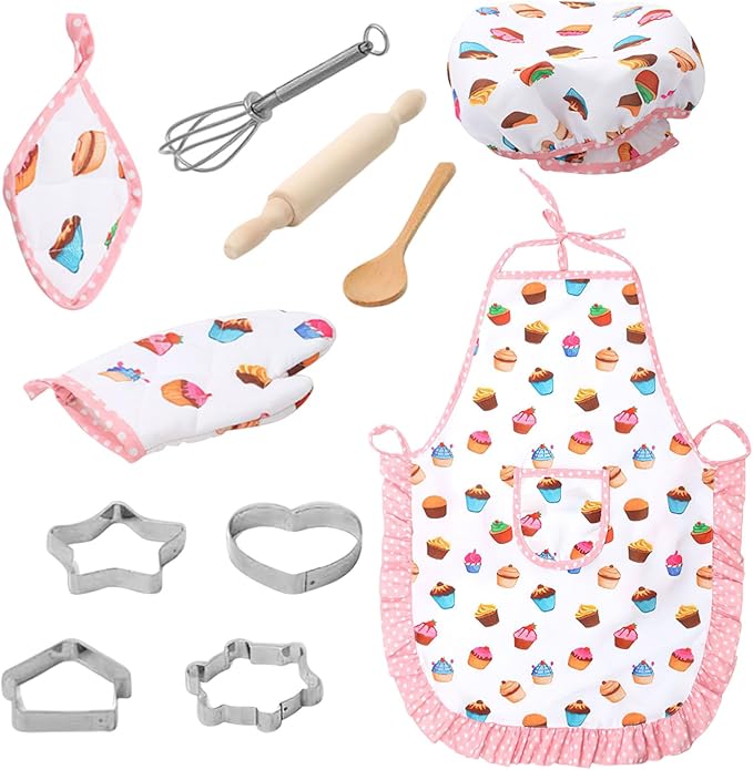 3 Otters Kids Chef Hat and Apron, 11 PCS Chef Costume Sets Pretend Play Kitchen Toys Baking Tools for Toddler