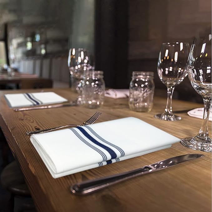 Bistro Restaurant Stripe Cloth Napkins Set of 12 Pack, Commercial Quality 18 x 22 Inches, MJS Linen Dinner Napkins Cloth Washable, Non-Iron, No Fade, Soil Release, Navy Blue Stripes