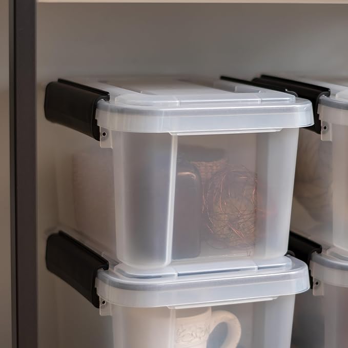 IRIS USA WeatherPro 6 Qt Storage Bins with Lids, 6 Pack, BPA-Free Plastic Gasket Box with Tight Latch and Seal, Stackable Nestable Tote Tub - Clear/Black