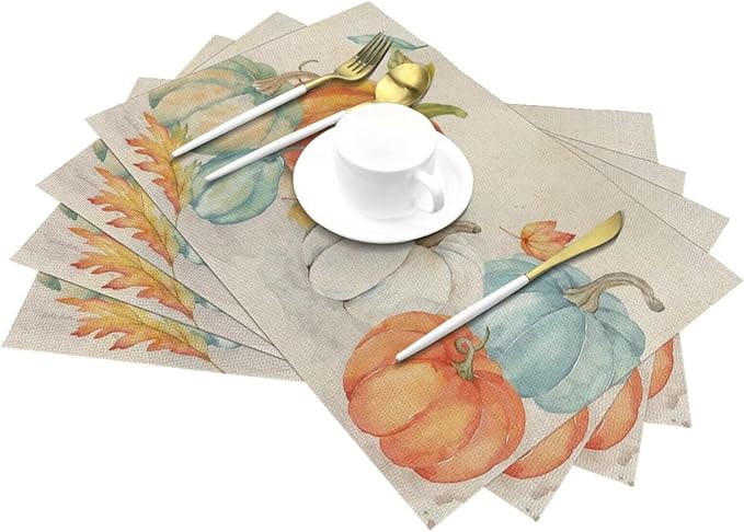 Fall Pumpkin Placemats 12x18 Inch Set of 4, Thanksgiving Watercolors Table Place Mat Maple Leaves Autumn Harvest Washable Table Mats Decorative Linen Fabric Table Mat for Dining Table