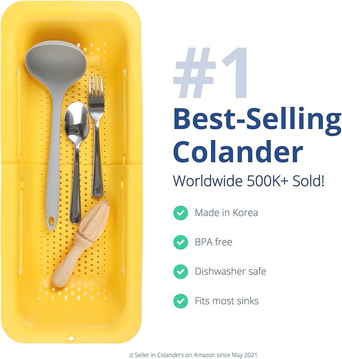 BLUE GINKGO Over the Sink Colander Strainer Basket - Wash Vegetables and Fruits, Drain Cooked Pasta and Dry Dishes - Extendable - New Home Kitchen Essentials (Yellow, 1 Pack)