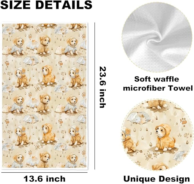 3 Pcs Adorable Dog Portrait Kitchen Towels, Watercolor Decorative Absorbent Microfiber Dish Cloth Tea Towel, Vintage Waffle Soft Hand Towels for Kitchen Home Bathroom, Dog Lover Gifts