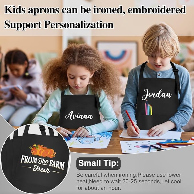 6 Pack Kids Apron bulk with 2 Pockets Adjustable Chef Art Apron Kids Painting Aprons for Cooking Baking Painting Crafting Grilling Activity（Black）