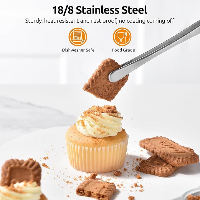 U-Taste 10in Kitchen Cooking Tweezer: 18/8 Stainless Steel Food-Grade Metal Food Tong, Seamless-Welding, Sturdy, Flexible and Non-Slip for Pasta Salad Serving, Grilling, Frying, Baking (Round Tip)