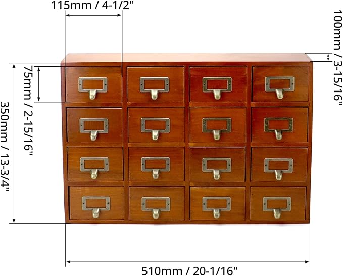 QWORK Desk Drawer Organizer, Wooden Vintage Apothecary Cabinet with 16 Drawers, Home Office & Tea & Dresser Bedroom Organization and Storage, Traditional Apothecary Cabinet, Brown
