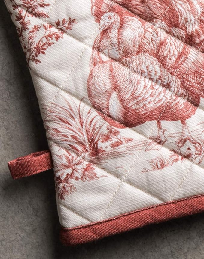 Maison d' Hermine Oven Gloves 100% Cotton Oven Mitt 7" x 13" with Loop Heat Resistant BBQ Cooking Gloves for Thanksgiving Christmas Decorations Baking Handling Hot Pans (Pack of 1, Holy Jouy - Red)