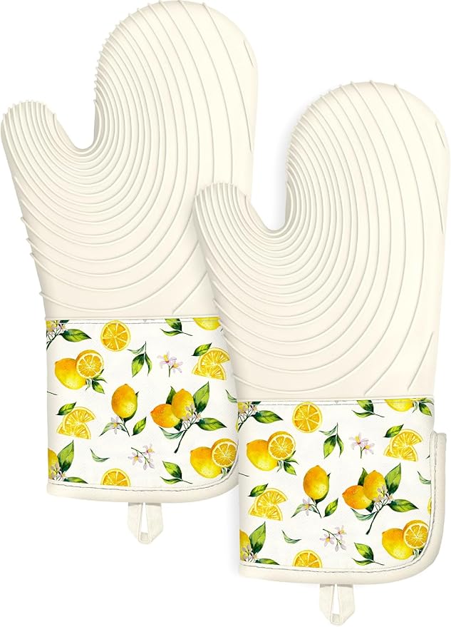 Slohif Long Silicone Oven Mitts Heat Resistant for Women - 2 Pcs Lemon 100% Cotton Oven Gloves, Non-Slip and Waterproof Silicone Oven Mitts with Hanger for Baking and Cooking