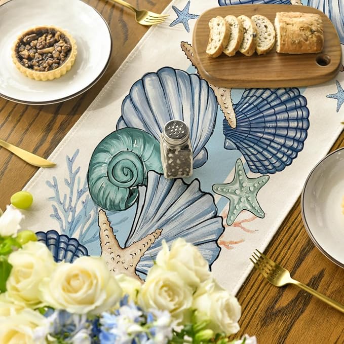 Artoid Mode Sea Shell Starfish Summer Table Runner, Seasonal Spring Ocean Kitchen Dining Table Decoration for Home Party Decor 13x60 Inch